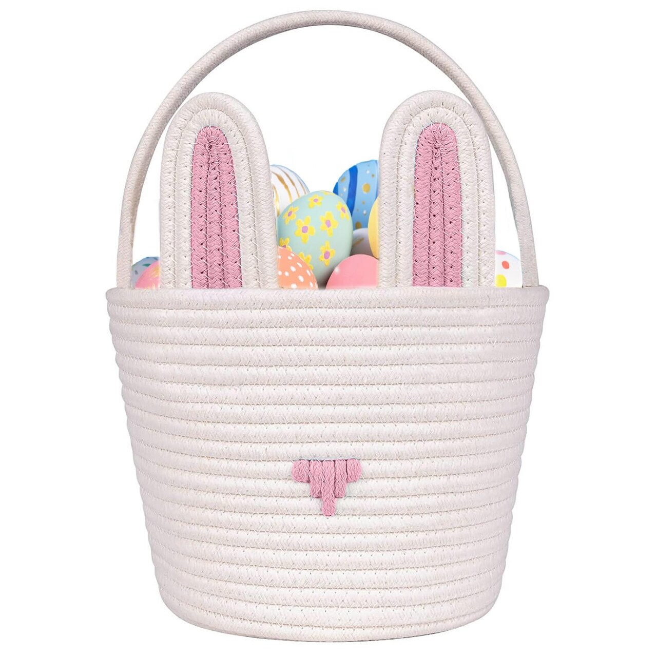 Large Easter Bunny Basket for Kids – Woven Cotton Rope Basket with Gift Bag & Ribbon – Pink, Empty Basket for Eggs, Candy, Toys & Home Décor